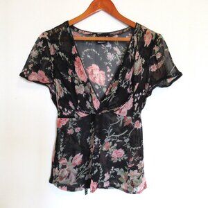 Vintage DCC Junior Top Medium Dark Floral Babydoll Y2K Sheer Fairy 90s Flowy